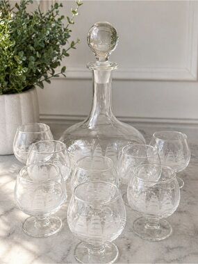 Etched Glass Ship Decanter Set Nautical Barware Sailboat 8 Glasses Vintage